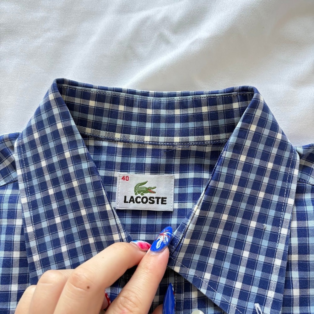 Lacoste Button Down Shirt Mens‎ 40 Blue Gingham Check Short Sleeve Preppy Luxury - Picture 2 of 7